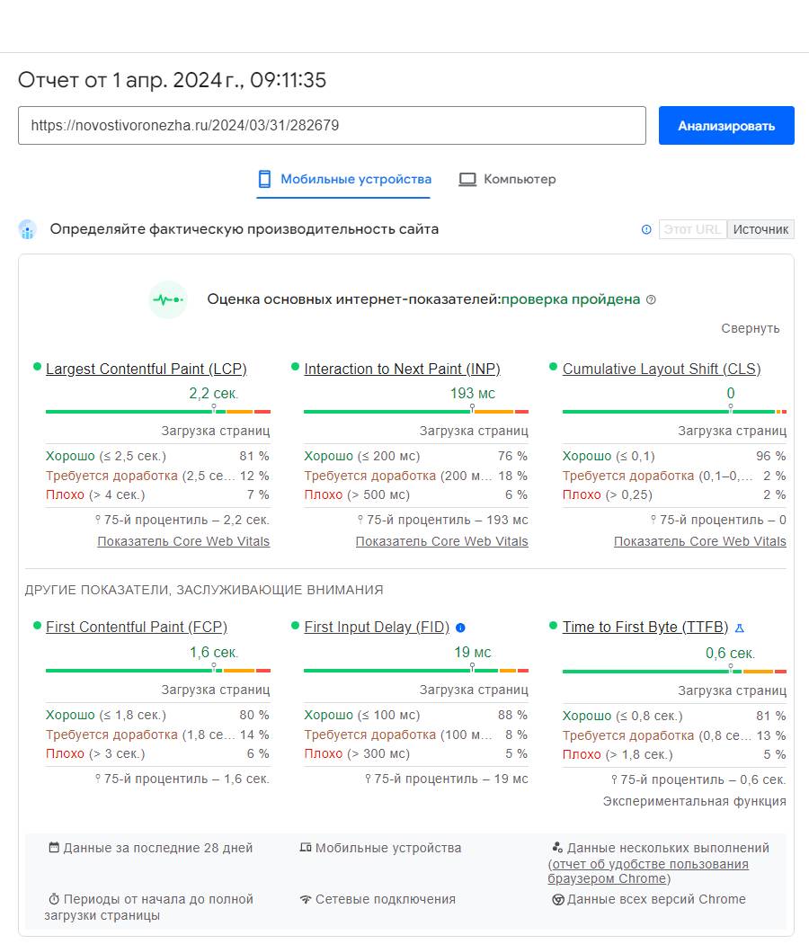 Оценка основных интернет-показателей, сервис PageSpeed Insights, URL страницы публикации сайта СМИ «Новости Воронежа»