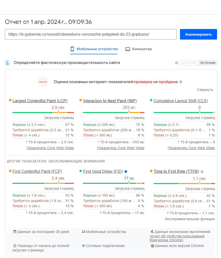 Оценка основных интернет-показателей, сервис PageSpeed Insights, URL страницы публикации сайта СМИ «ТВ Губерния»